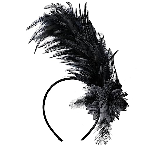 WLLHYF Women's 1920s Feather Fascinator Headband, Fascinators Hat for Women Tea Party Flower Headpiece Gatsby Derby Hat (black)