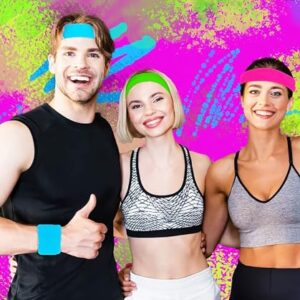 80s Sweatbands Neon Sweatbands Set Includes Pink, Blue, Yellow and Green Headband and Wristbands, Sweat Bands Headbands for Women with Matching Wristbands, Sweatbands for Women for Halloween Costumes