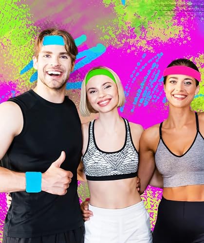 80s Sweatbands Neon Sweatbands Set Includes Pink, Blue, Yellow and Green Headband and Wristbands, Sweat Bands Headbands for Women with Matching Wristbands, Sweatbands for Women for Halloween Costumes