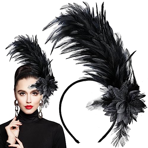 WLLHYF Women's 1920s Feather Fascinator Headband, Fascinators Hat for Women Tea Party Flower Headpiece Gatsby Derby Hat (black)