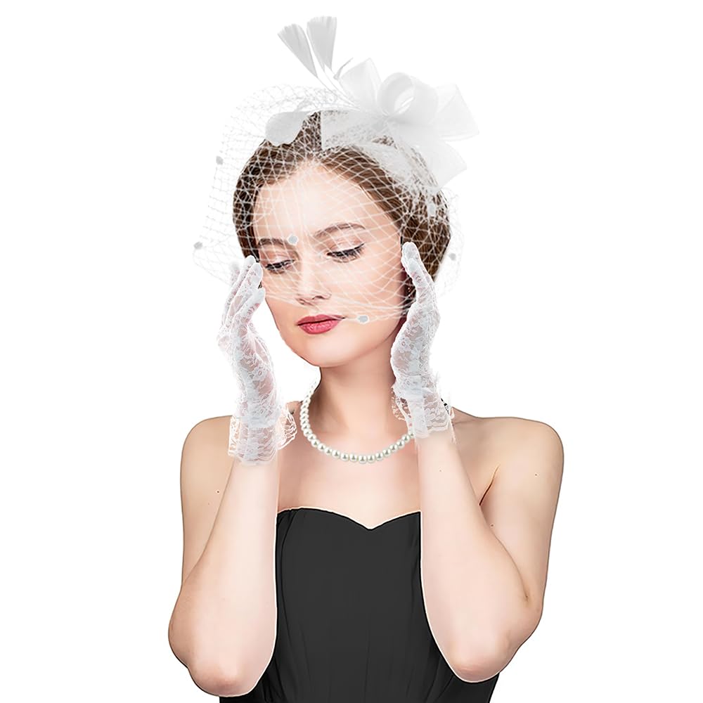 4 Pieces Fascinators Hat for Women Tea Party Hat Feathers Veil Mesh Hat Lace Gloves Bridgerton Accessories for Women Pearl Choker Necklace for Wedding Cocktail Kentucky Fascinator Headband for Women