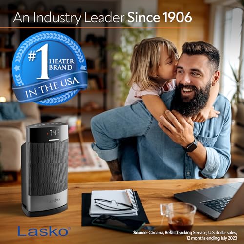 Lasko Ellipse Ceramic Tabletop Heater for Home with Tip-Over Switch, Child Lock, Digital Display, Thermostat, AutoECO Mode, Wide Oscillation, Remote, For Bedroom, Office, Den, 1500W, Black, CD12950