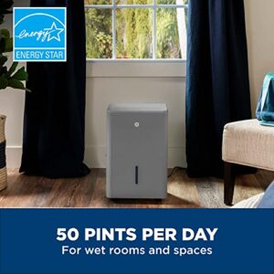 GE Energy Star Portable Dehumidifier, 50 Pint Daily Output with Pump and Drain Hose for Auto or Manual Drainage, Ultra Quiet, Perfect for Basement, Bedroom, Bathrooms, Gray