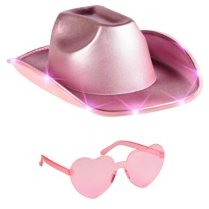 Funcredible Pink Light Up Cowboy Hat and Glasses - Holographic Led Pink Cowboy Hats for Women - Space Cowgirl Hat - Space Cowgirl Costume Outfit