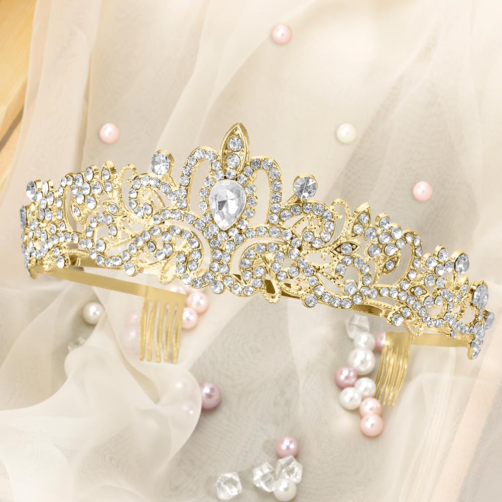 Gold Crown, Crystal Tiaras Rhinestone Headbands for Women Happy Birthday Princess Crown with Combs Elegant Headdress Decorations for Christmas Bridal Wedding Prom Party Costumes Gifts