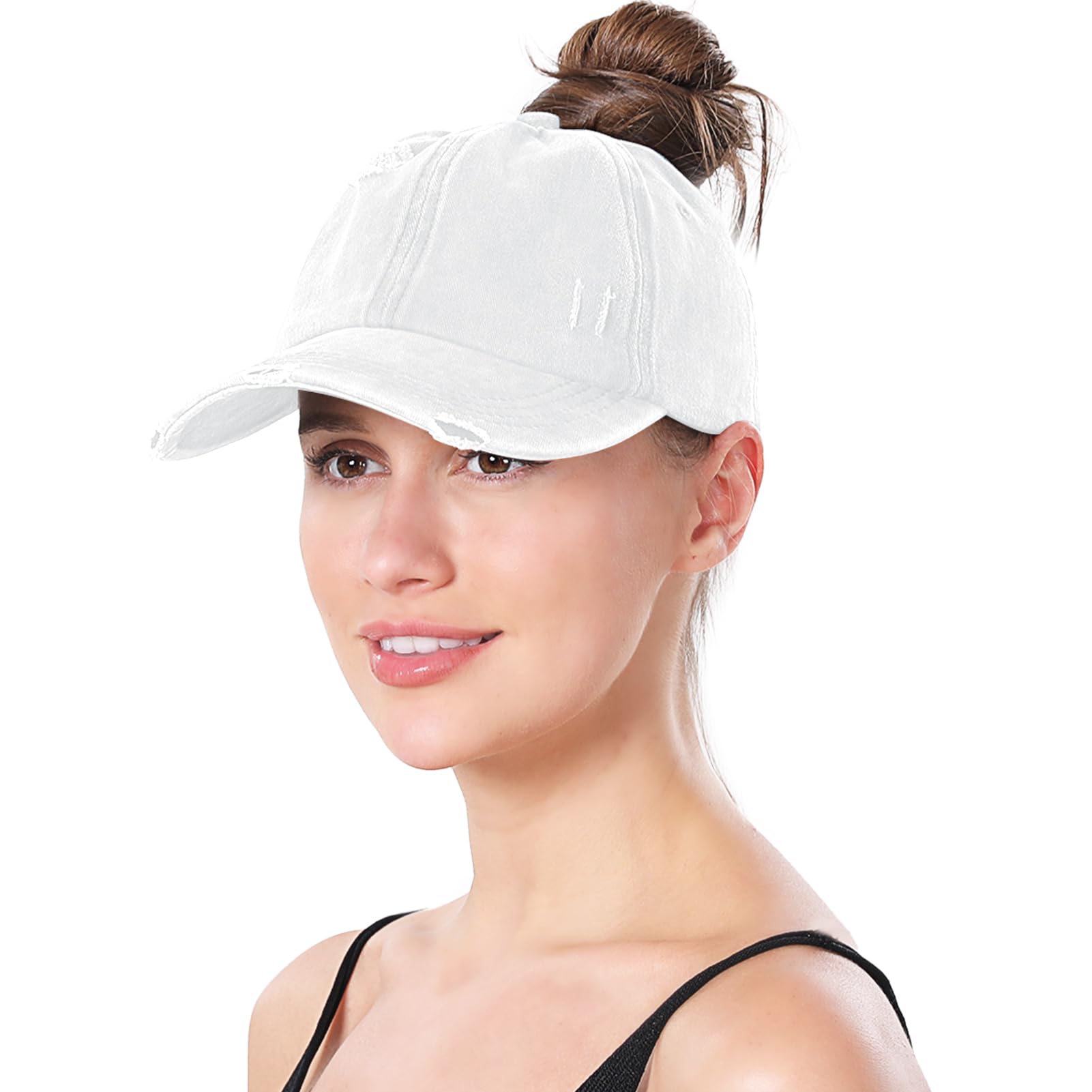 Mwfus Women Criss Cross Ponytail Baseball Cap High Messy Buns Ponycaps Vintage Washed Adjustable Trucker Cap White