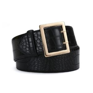 risantry women's black wide belts, black leather waist belts for women, faux leather belt with gold buckle for dresses