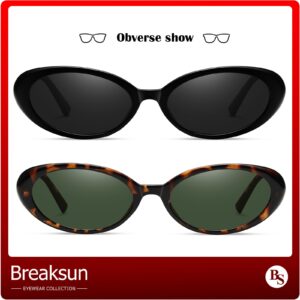 Breaksun Retro Oval Sunglasses for Women Men Fashion Small Oval Sunglasses 90s Vintage Shades (Black/Grey+ Leopard/G15)