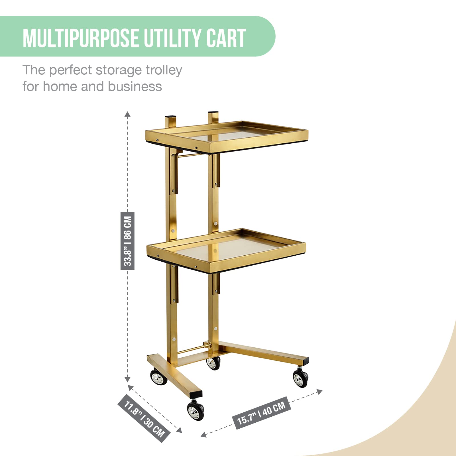 Multifunctional 2-Tray Utility Cart on Wheels - Gold 2-Level Medical Trolley Cart - Mobile Storage Tray Cart for Dental Tools, Cavitation Machine, Salon Supplies - Brass Foldable Storage Trays