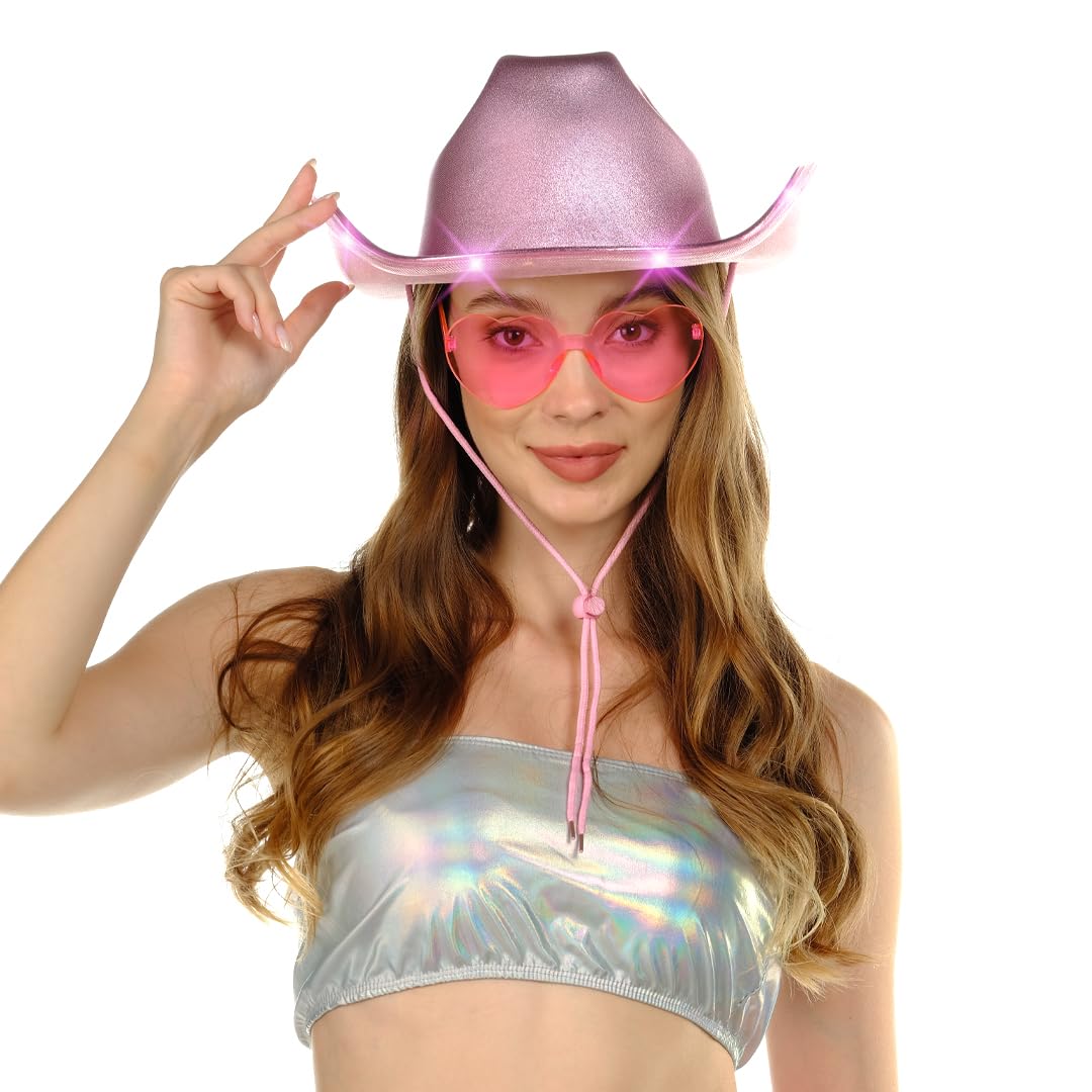 Funcredible Pink Light Up Cowboy Hat and Glasses - Holographic Led Pink Cowboy Hats for Women - Space Cowgirl Hat - Space Cowgirl Costume Outfit