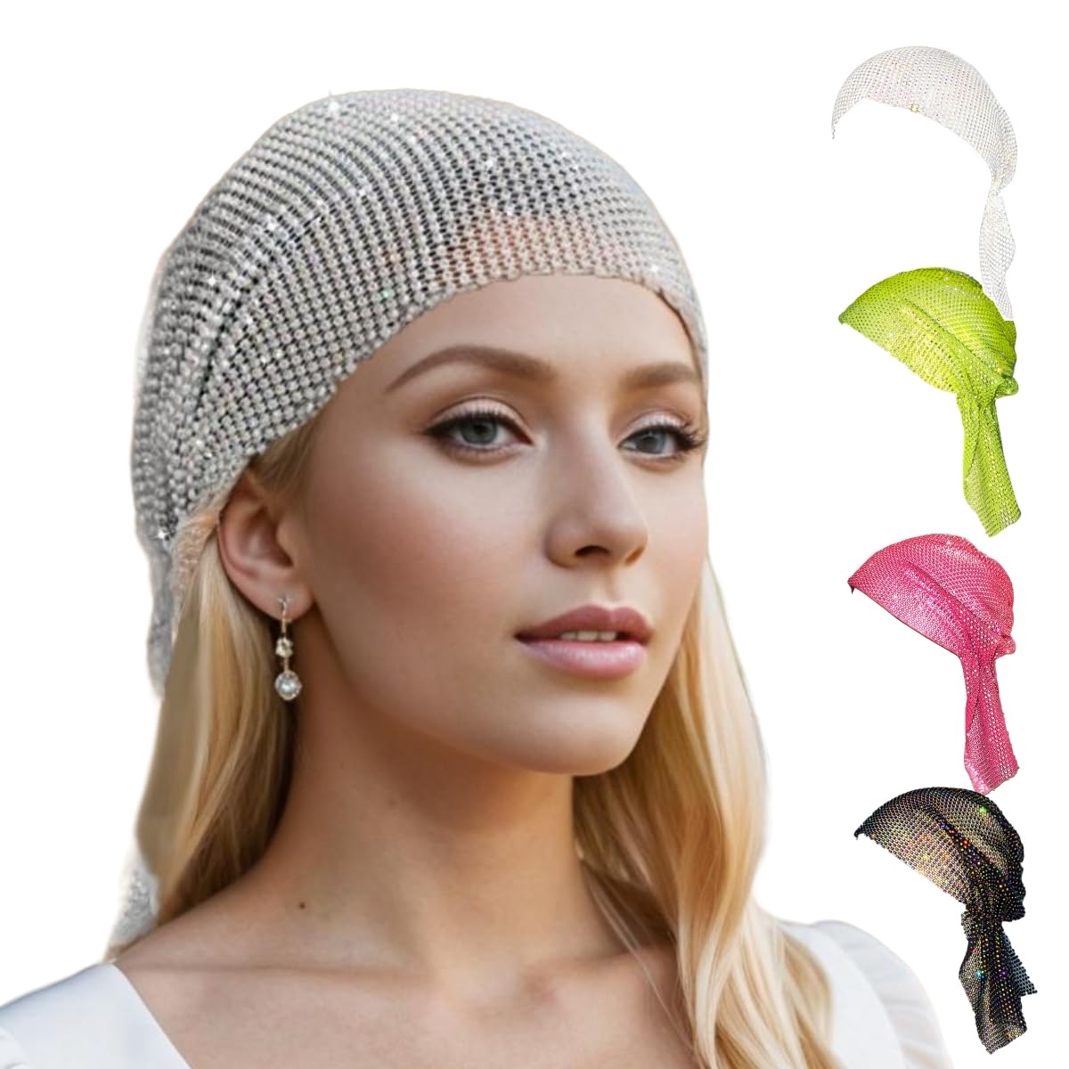 Munyee Hua Rhinestone Head Scarf for Women Bling Sparkly Hijab Stretchy Rave Turban Hat Headband Crystal Mesh Cap Hair Snood Nets Vintage Dress Concert Headpiece(White)