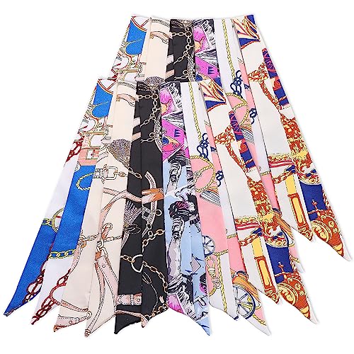 Yolev 12 Packs Satin Fashion Narrow Handbag Handle Wrap Ribbon Neckerchief Scarf for Women (Mixed Styles)