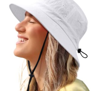 Waterproof Bucket Hat for Women Men Rain Hat UPF 50+ Wide Brim Boonie Sun Hat Foldable Summer Floppy Beach Fishing Safari Hat White