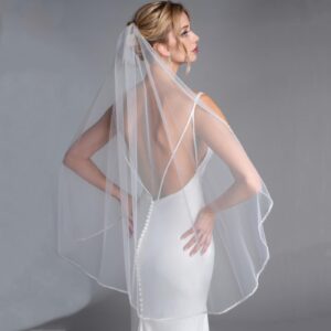 GAODESI Wedding Veil Pearls and Crystals Beaded Edge 1 Tier Fingertip Length Bridal Veil