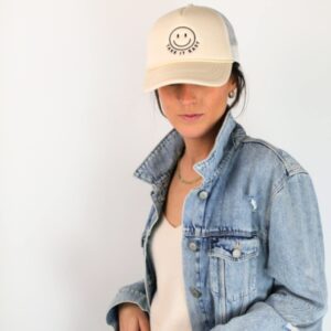 Good Future Womens Trucker Cap - Relaxed Fit Adjustable Snap Back Hat Gorras Lids Branded USA Classis Trucker Sun Mesh Back Smiley Face (Take it Easy)