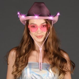 Funcredible Pink Light Up Cowboy Hat and Glasses - Holographic Led Pink Cowboy Hats for Women - Space Cowgirl Hat - Space Cowgirl Costume Outfit