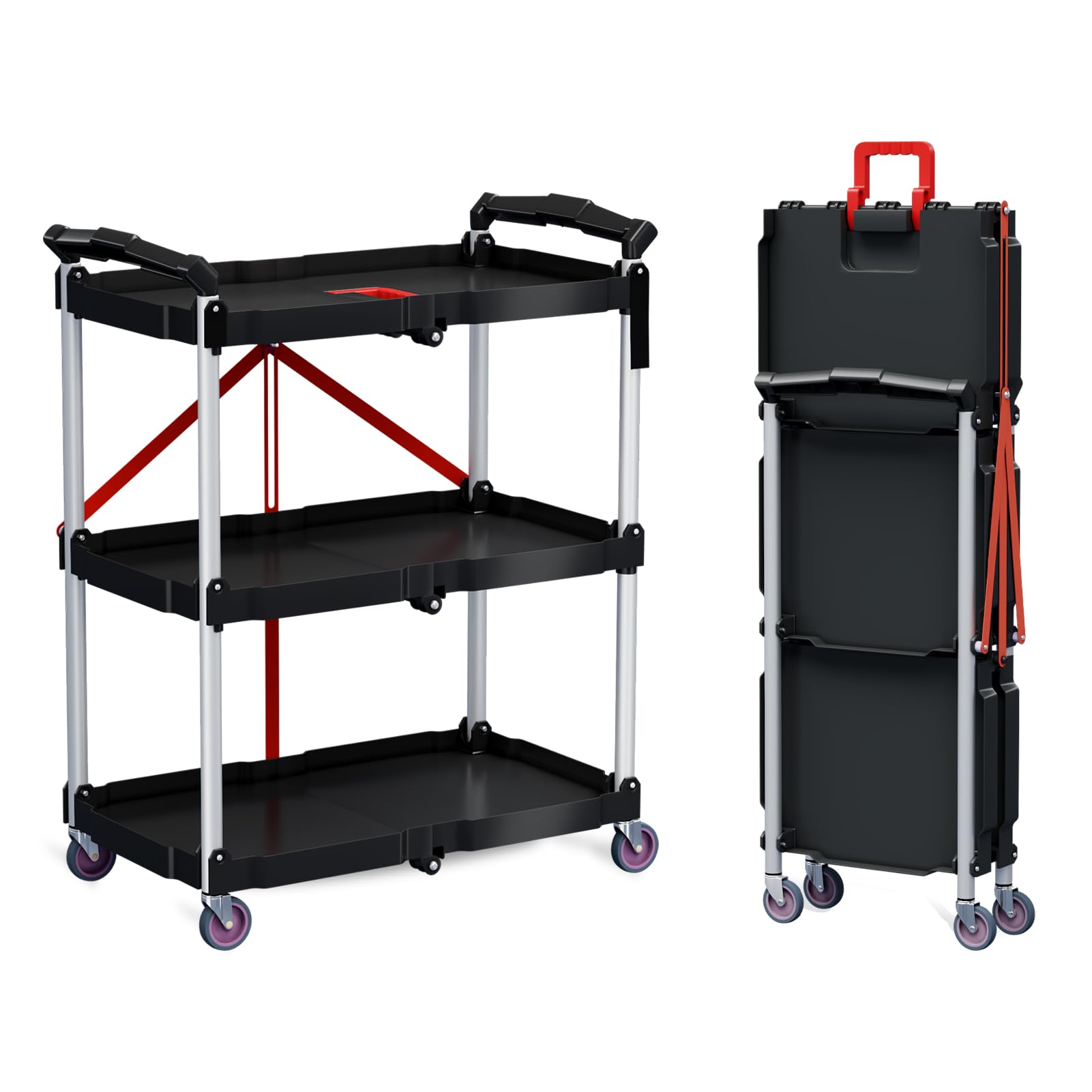 LoJok 3-Tier Collapsible Cart with Wheels, Multifunction Folding Utility Cart, 240LBS Load Capacity, for Garage, Office, Storehouse, Kitchen