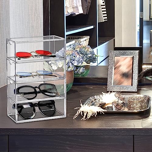 Nicunom 2 Pack Sunglasses Organizer Acrylic, Clear Eyeglasses Case with 4 Drawers, Eyewear Storage Display Case, Stackable Eyeglasses Holder for Women & Men Eyewear