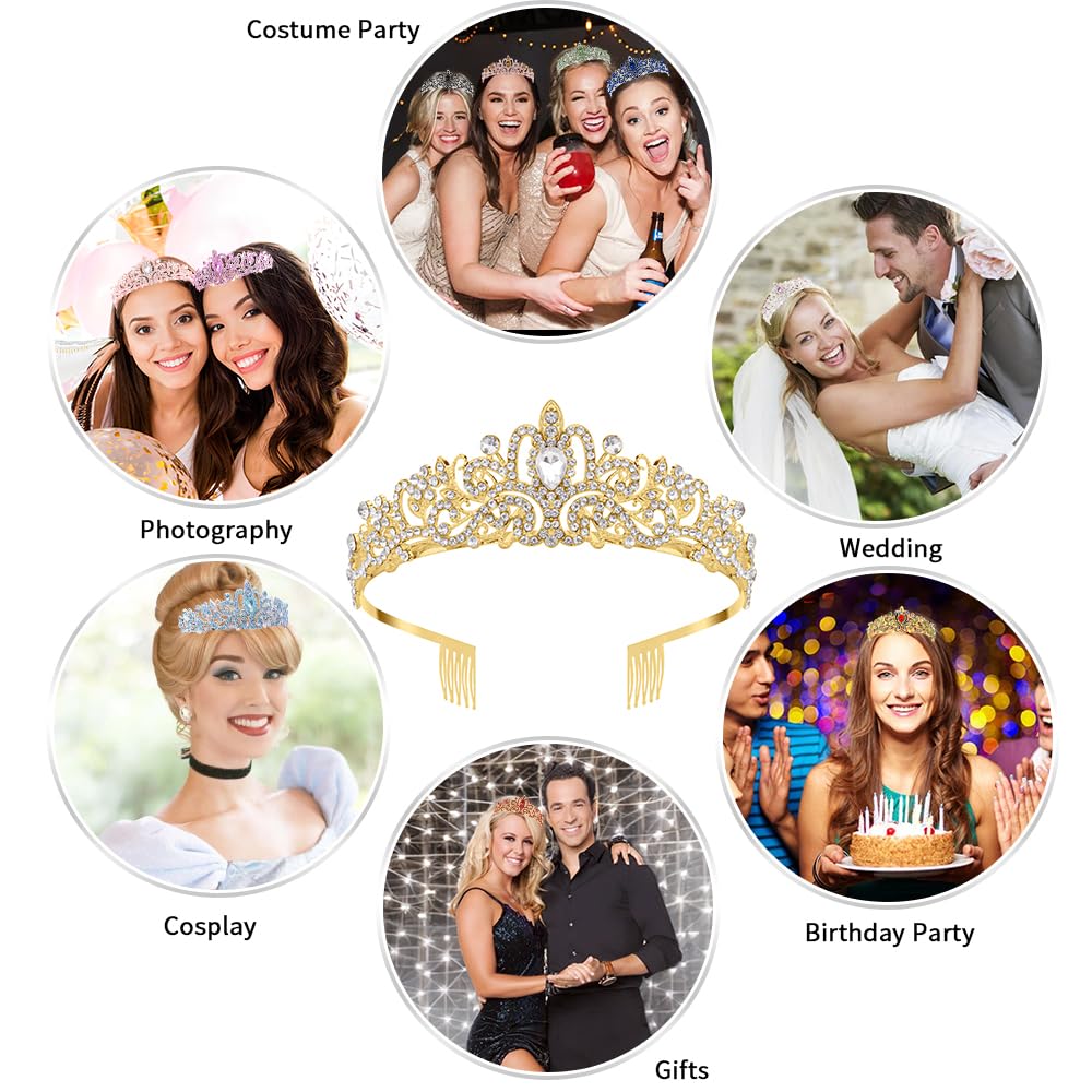 Gold Crown, Crystal Tiaras Rhinestone Headbands for Women Happy Birthday Princess Crown with Combs Elegant Headdress Decorations for Christmas Bridal Wedding Prom Party Costumes Gifts