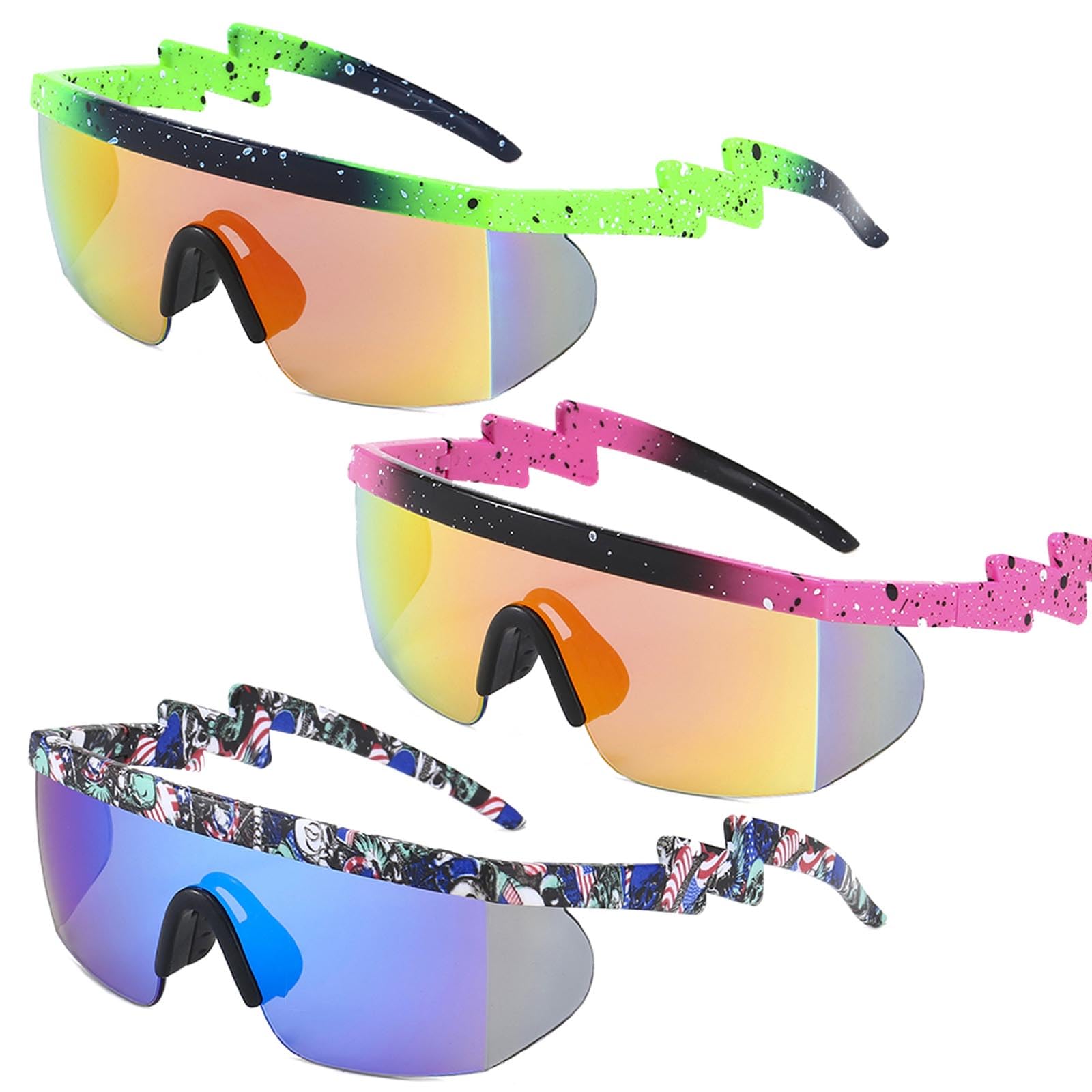 Tongcloud 3 Pair Unisex Retro Neon Retro Semi Rimless Sunglasses 80s 90s Zigzag Sunglasses Lens Rainbow Sunglasses Sport Semi Rimless Sunglasses for Men Women (Cool Color)