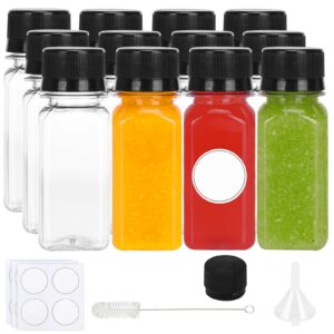 moretoes 12pcs 2oz shot bottles with caps, reusable clear plastic bottles for liquids, empty containers for ginger shots, juice and other beverages