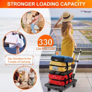 Double Rhombus Folding Hand Truck, 330 Lbs Foldable Hand Truck Dolly Cart Heavy Duty Collapsible Trolley Portable Platform Luggage Cart with 5 Wheels & 2 Elastic Ropes for Moving Travel Home Office