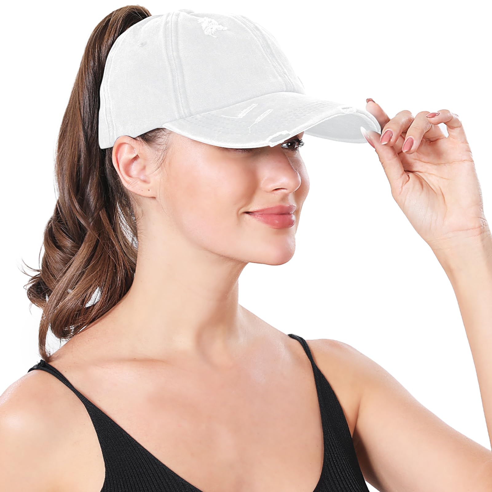 Mwfus Women Criss Cross Ponytail Baseball Cap High Messy Buns Ponycaps Vintage Washed Adjustable Trucker Cap White