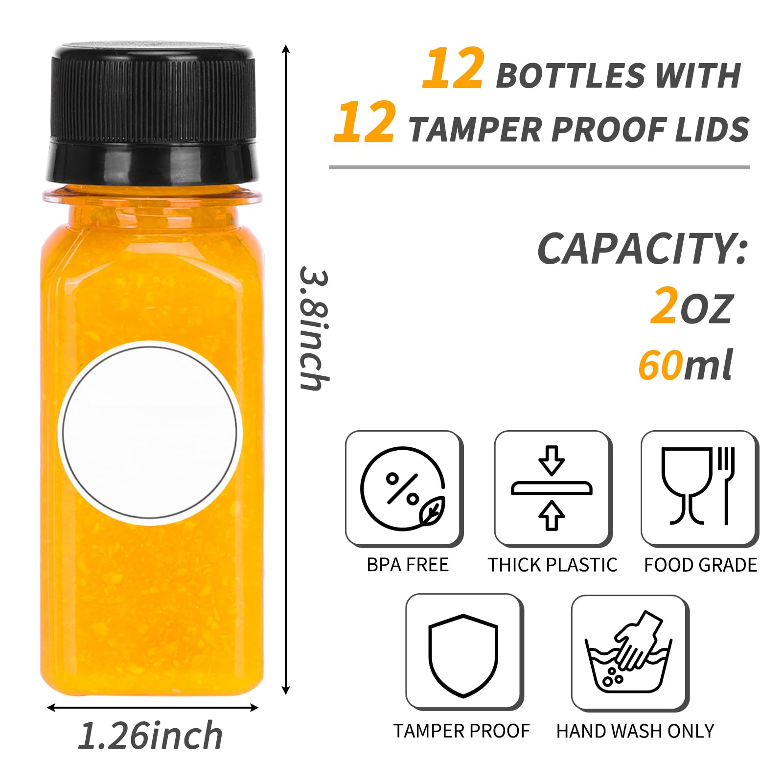 Moretoes 12pcs 2oz Shot Bottles with Caps, Reusable Clear Plastic Bottles for Liquids, Empty Containers for Ginger Shots, Juice and Other Beverages