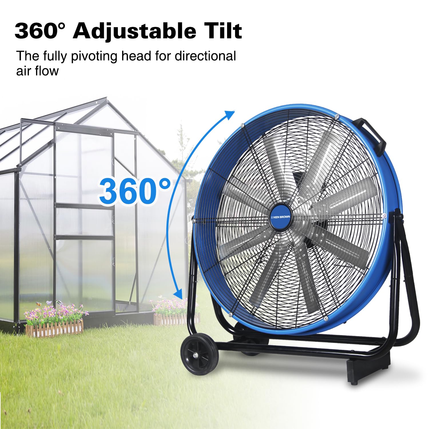 KEN BROWN 24 Inch High Velocity Floor Drum Fan Shop Fans Heavy Duty Blue, 9500 CFM 8 Blades, 3 Speeds, 360 Degree Tilt, Ideal For Industrial Fan, Commercial Fan, Shop Fan, Gym Fan, Garage Fan