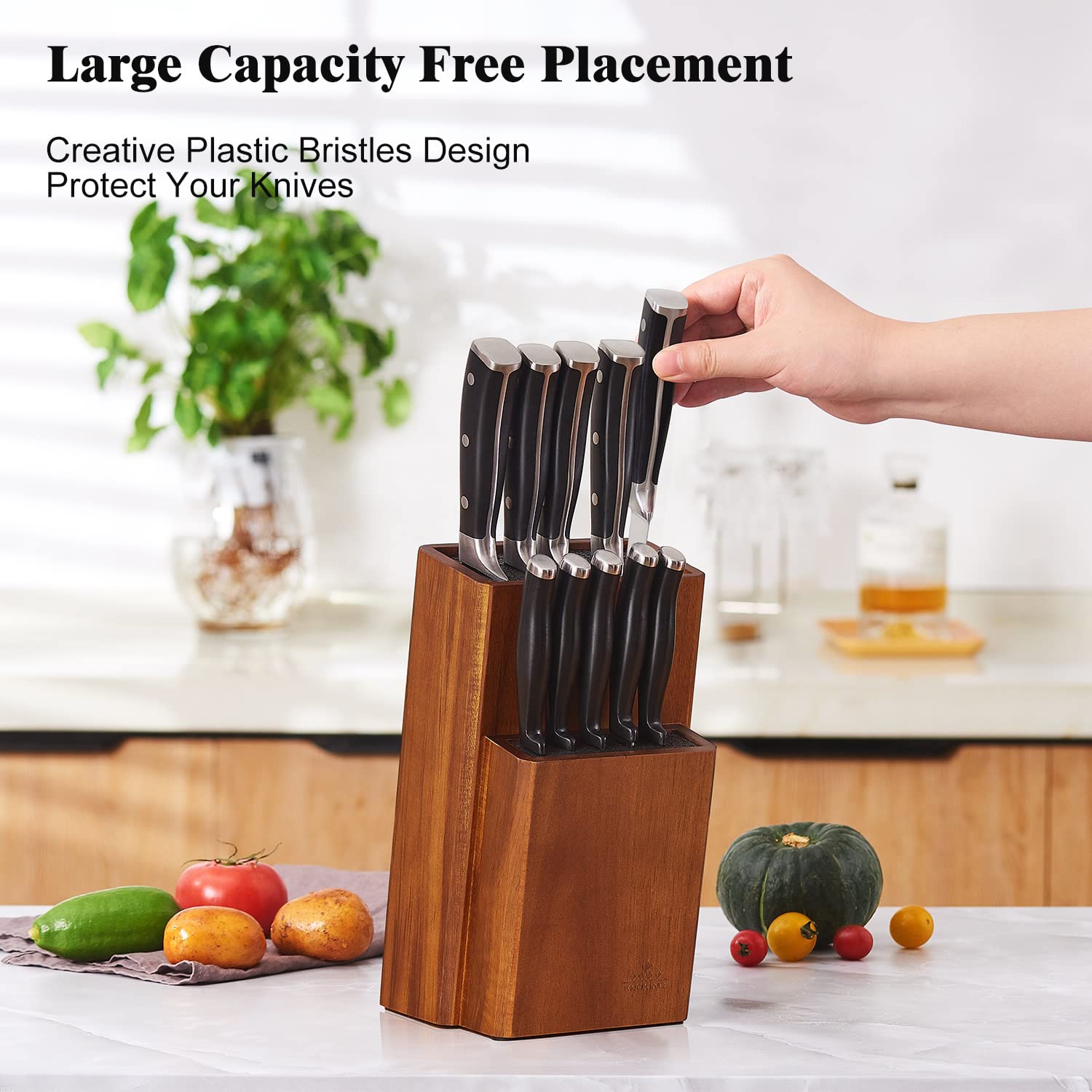 ENOKING Universal Knife Block without Knives, Acacia Wood Knife Holder/Knife Organizer with Removable Plastic Bristles for Kitchen Counter Knife Storage Rack