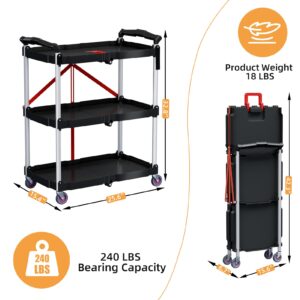 LoJok 3-Tier Collapsible Cart with Wheels, Multifunction Folding Utility Cart, 240LBS Load Capacity, for Garage, Office, Storehouse, Kitchen