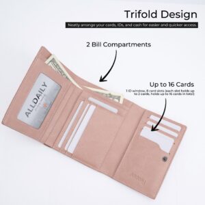 Alldaily Trifold Small RFID Blocking Wallet Slim Credit Card Wallet with with Zipper Pocket (Dark Pink)