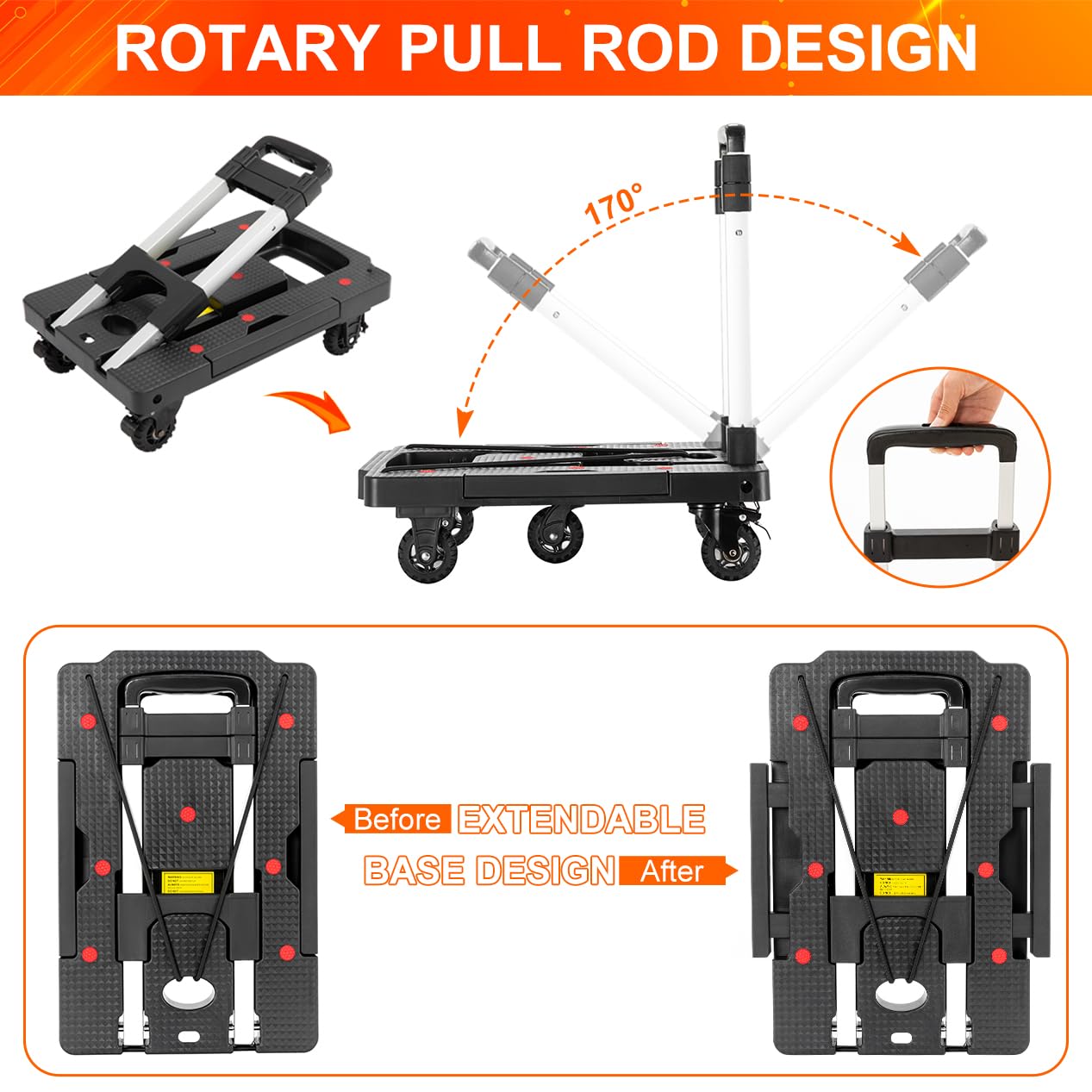 Double Rhombus Folding Hand Truck, 330 Lbs Foldable Hand Truck Dolly Cart Heavy Duty Collapsible Trolley Portable Platform Luggage Cart with 5 Wheels & 2 Elastic Ropes for Moving Travel Home Office