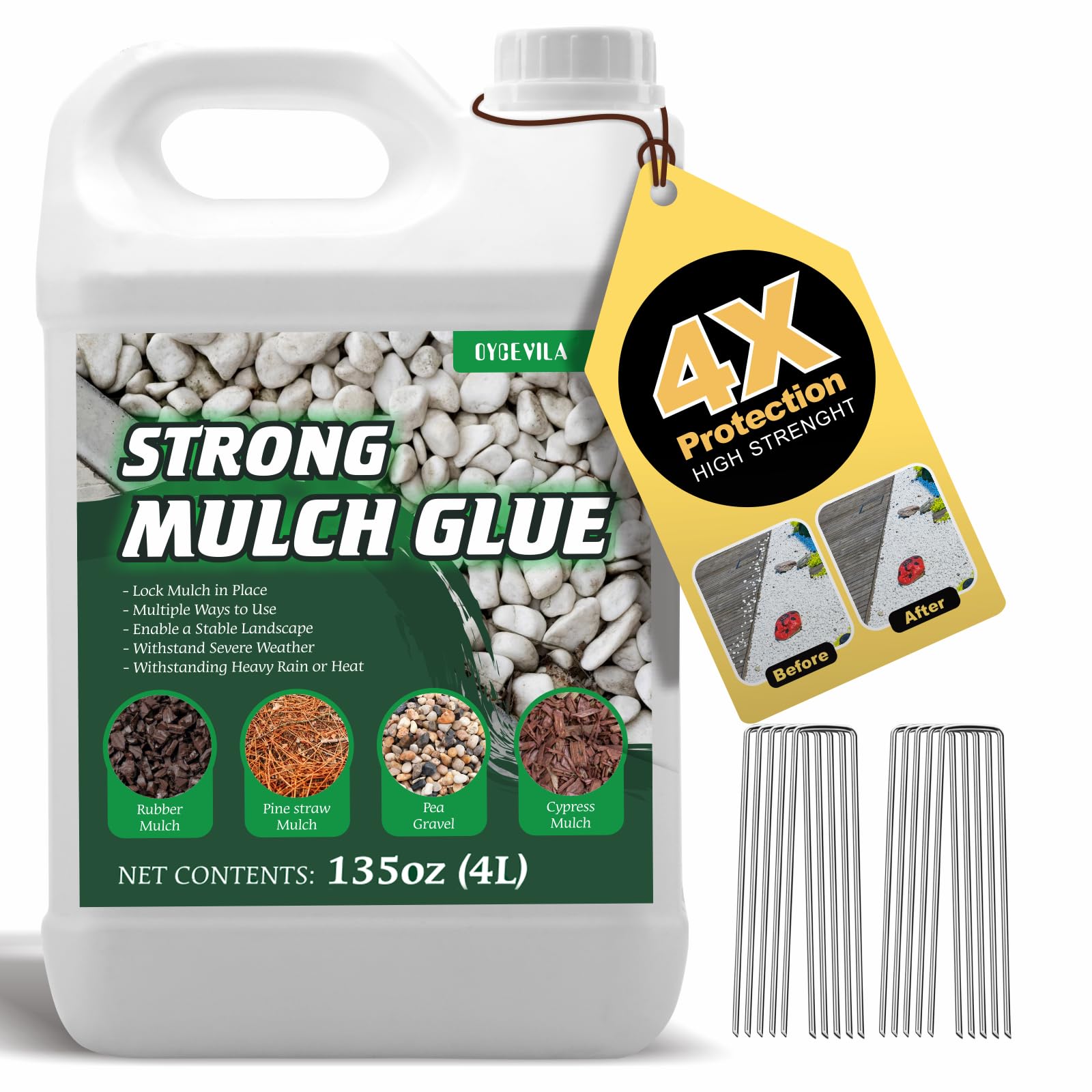 Oycevila Strong Concentrate Mulch Glue, Gravel Binder Mulch Glue, Non-Toxic Mulch Glue, Mulch Landscape Lock Adhesive Pea Gravel Stabilizer, Mulch Rock Glue for Landscaping Pea Gravel & Bark