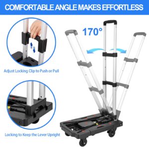 Double Rhombus Folding Hand Truck, 330 Lbs Foldable Hand Truck Dolly Cart Heavy Duty Collapsible Trolley Portable Platform Luggage Cart with 5 Wheels & 2 Elastic Ropes for Moving Travel Home Office