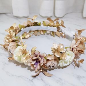 DDazzling Women Girls Handmade Princess Headpiece Forest Wedding Vintage Flower Crown Hair Accessories Photo Props (Gold Coffee Purple Beige)