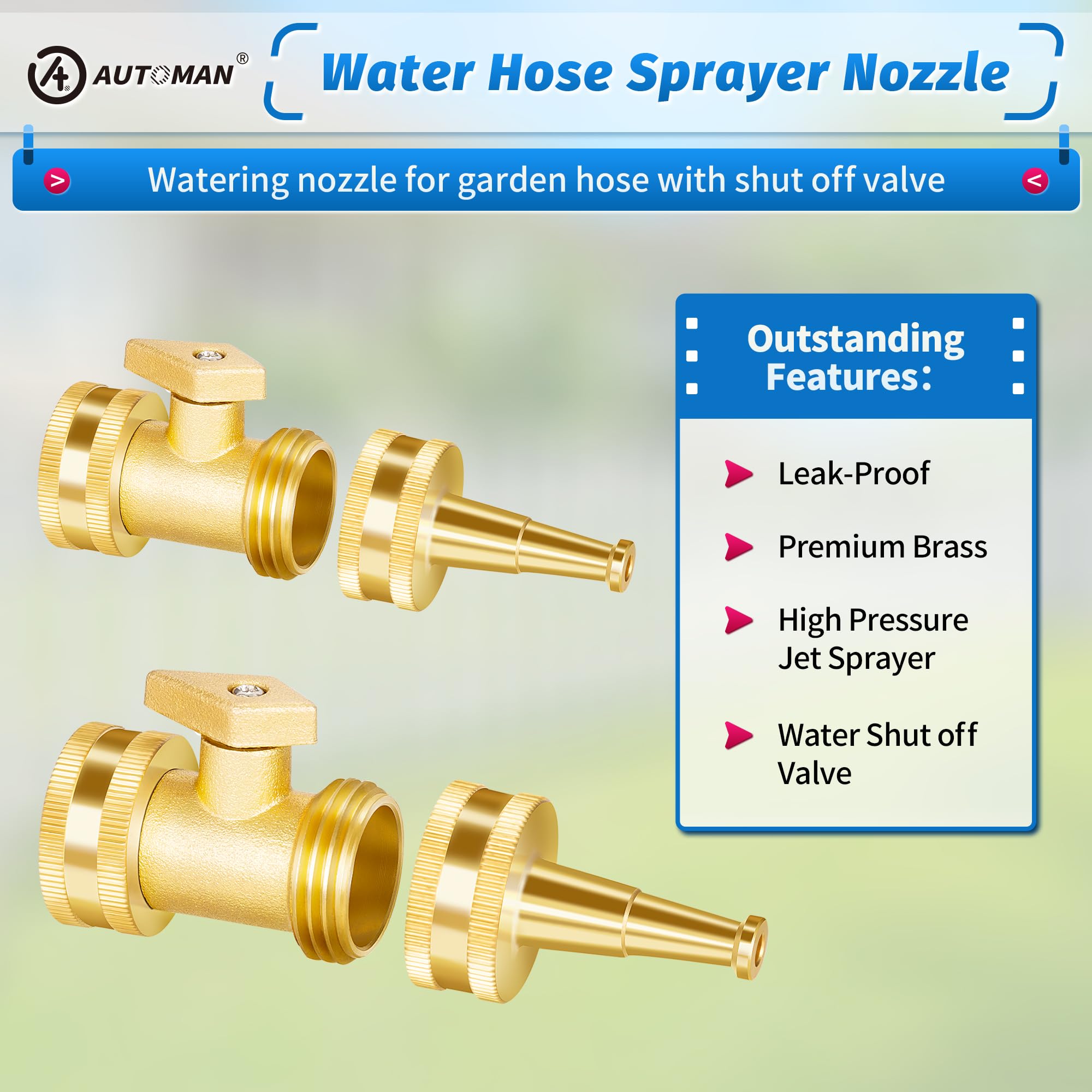 AUTOMAN Brass Hose Nozzle - High Pressure Jet Nozzle 4 Count (2 Set), Heavy Duty Water Hose Sprayer Sweeper with Hose Shutoff Valve, 3/4” GHT Nozzles for Garden Hose, Car Wash, Extra 10 Rubber Washers