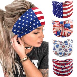 Olbye 4th of July Headbands USA Patriotic Hair Accessories American Flag Headband Wide Knotted Turban Head Band Non Slip Elastic Hairband Red White and Blue Bandana Stars and Stripes Head Bands Independence Day Party Decorations Hairbands Fourth of July A