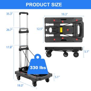 Double Rhombus Folding Hand Truck, 330 Lbs Foldable Hand Truck Dolly Cart Heavy Duty Collapsible Trolley Portable Platform Luggage Cart with 5 Wheels & 2 Elastic Ropes for Moving Travel Home Office