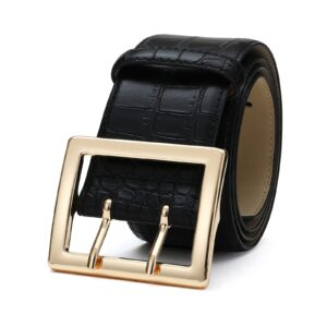 RISANTRY Women's Black Wide Belts, Black Leather Waist Belts for Women, Faux Leather Belt With Gold Buckle for Dresses