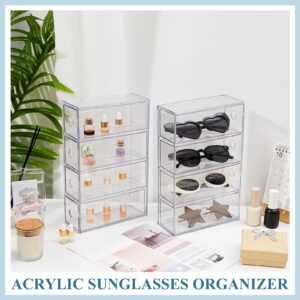 Sintuff 2 Pieces Acrylic Sunglass Organizer Clear Sunglass Holder with 4 Drawers Glasses Organizer for Women Clear Eyeglass Holder Eyewear Display Case Multiple Pair for Glasses Jewelry Watch Storage