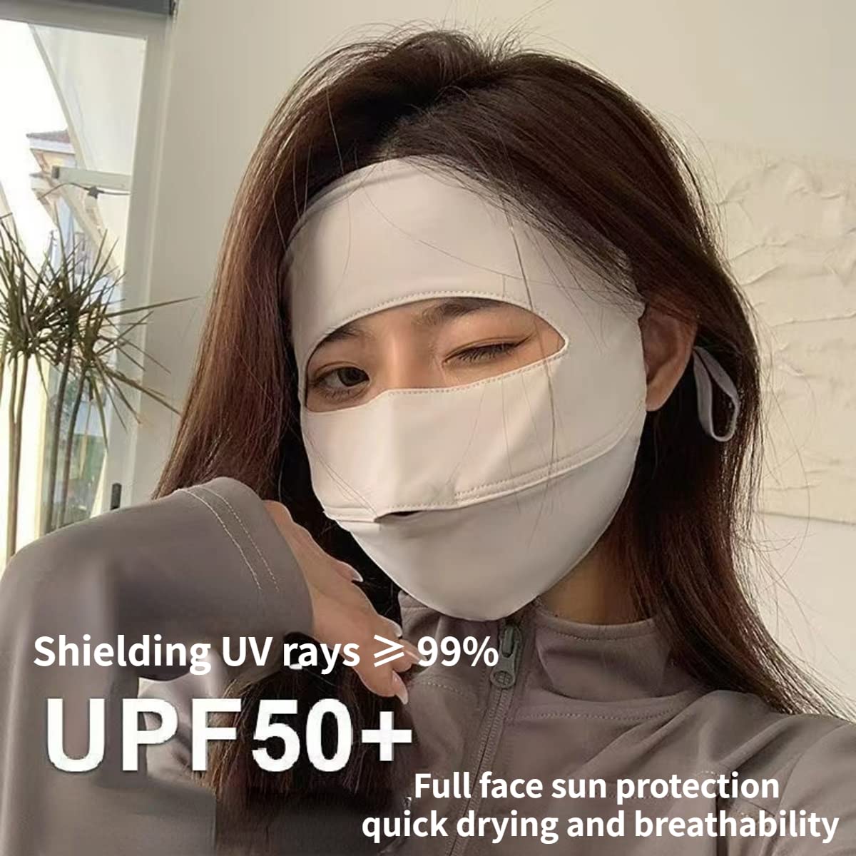 Face UV Face Covering UPF 50+ Women Sun Protection Face Mask Washable Reusable for Running Outdoors (Light grey,US,Alpha,Medium,Regular,Regular)