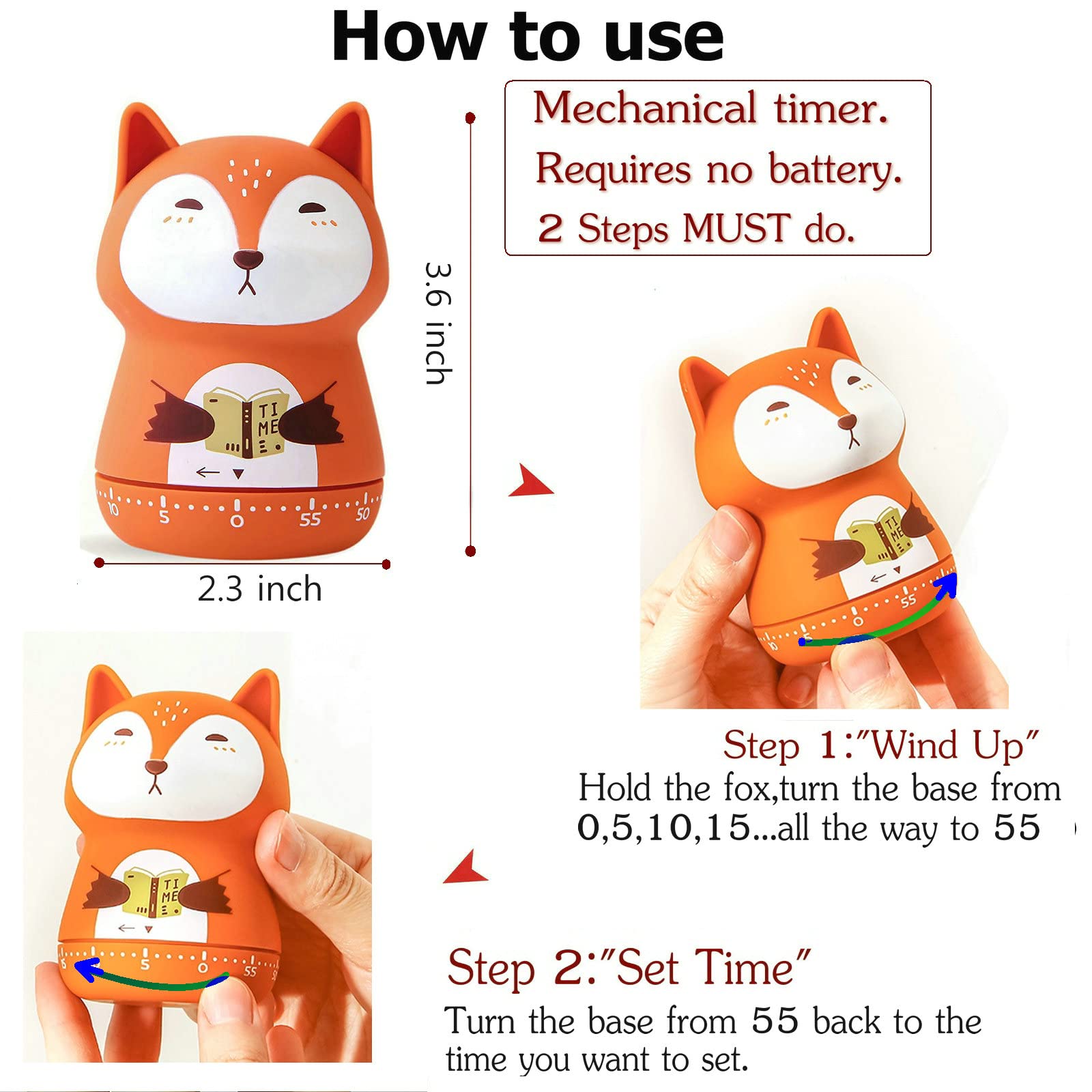 NUOSWEK Mechanical Kitchen Timer, Cute Animal Timer for Kids, Wind Up 60 Minutes Manual Countdown Timer for Classroom, Home, Study and Cooking (Orange Fox)