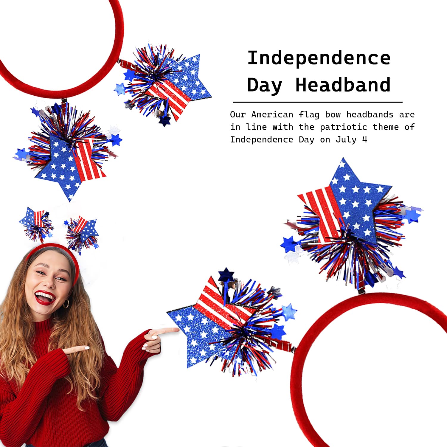 HIFANMM 4th of July Headband Independence Day Hair Accessories Patriotic Party Hair Supplies USA Flag Star Design Blue Red Ribbon Stars Hair Decoration Cute Hair Hoop for Women Girls Kids 1 Pcs