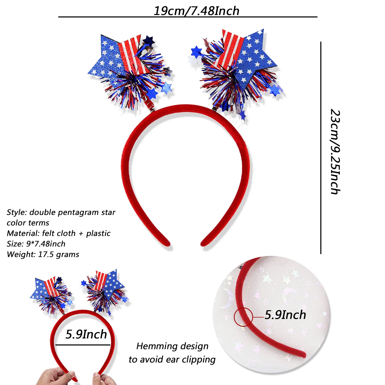 HIFANMM 4th of July Headband Independence Day Hair Accessories Patriotic Party Hair Supplies USA Flag Star Design Blue Red Ribbon Stars Hair Decoration Cute Hair Hoop for Women Girls Kids 1 Pcs