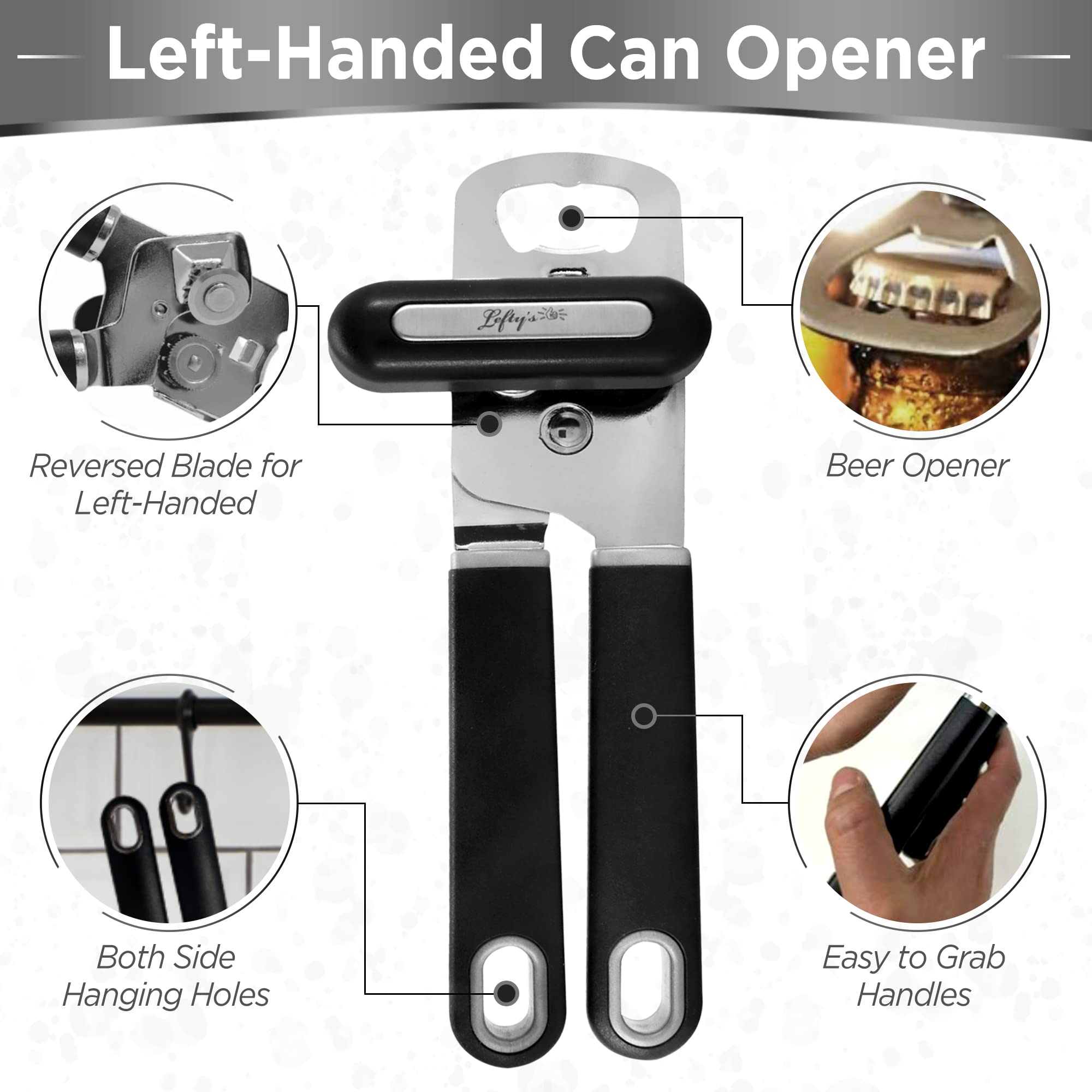 Lefty’s Left Handed Can Opener - Premium Design Black Heavy duty Stainless Steel - Easy To Turn Sharp Blade - Smooth Edge - Great Gift for Left-Handed People, Adults, Men and Women