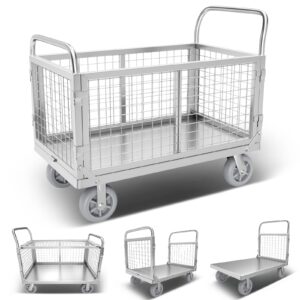 platform truck cart with cage 4in1 foldable platform truck heavy duty push cart dolly w/swivel wheels 1800lbs capacity flatbed hand truck dolly cart multipurpose for grocery/laundry/stall/storage