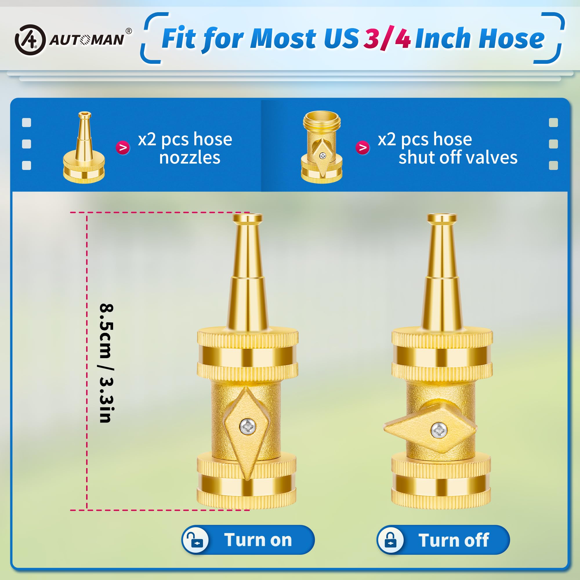 AUTOMAN Brass Hose Nozzle - High Pressure Jet Nozzle 4 Count (2 Set), Heavy Duty Water Hose Sprayer Sweeper with Hose Shutoff Valve, 3/4” GHT Nozzles for Garden Hose, Car Wash, Extra 10 Rubber Washers