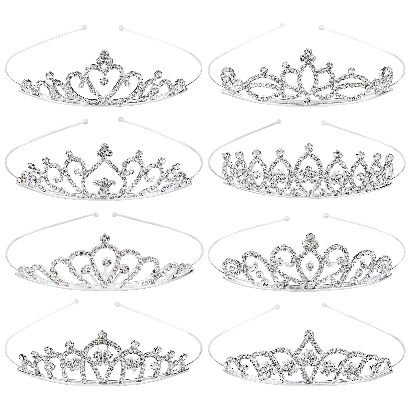 Cinaci 8 Pack Silver Metal Sparkly Glitter Rhinestone Crown Headbands Wedding Prom Birthday Party Princess Hair Tiaras Clasps Accessories for Kids Girls Teens Women Brides