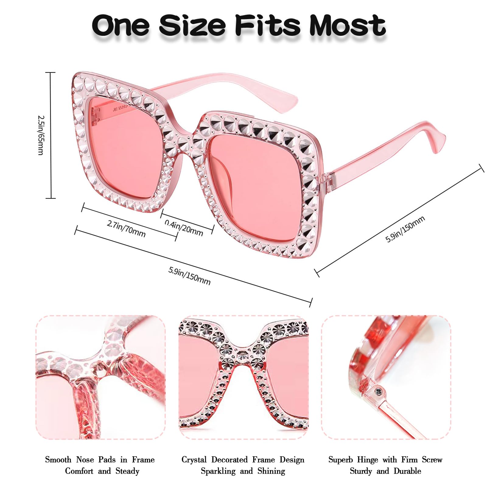 Pibupibu 4 Pack Red Pink Bling Crystal Sunglasses Oversized Square Glitter Rhinestone Sunglasses for Women Party Favors